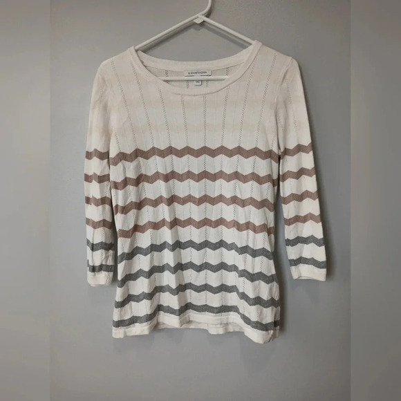 Hawthorne Sweaters - Hawthorne ladies 3/4 length sleeve striped eyelet sweater size M tan gray cream